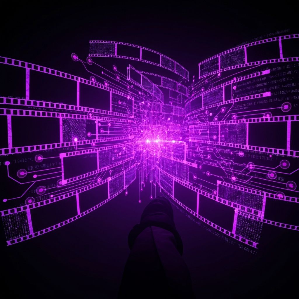 Abstract visualization of the recommendation engine's neural network and film analysis pathways