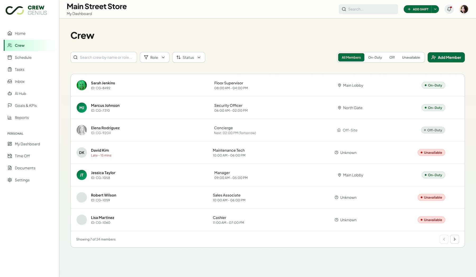 Crew list view showing team members organized by role with availability and active status