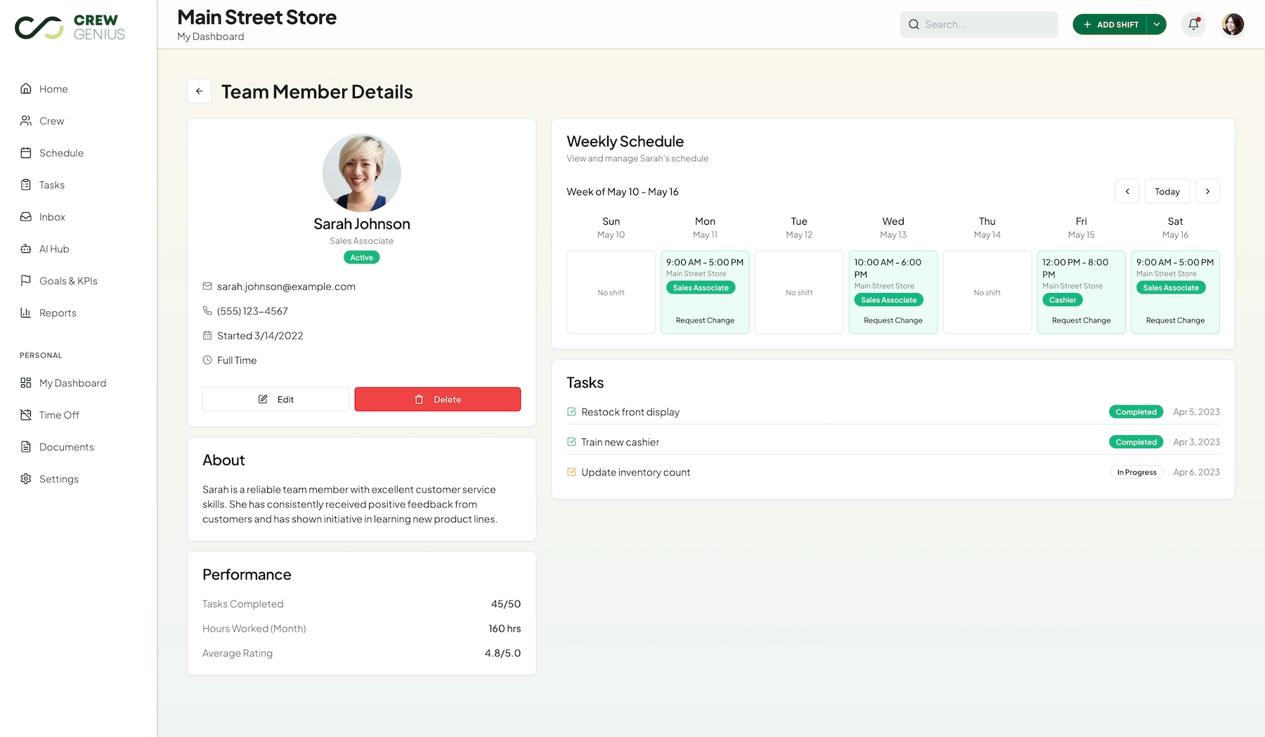 Crew Genius person detail page showing six-tab layout with schedule, availability, tasks, activity, documents, and details