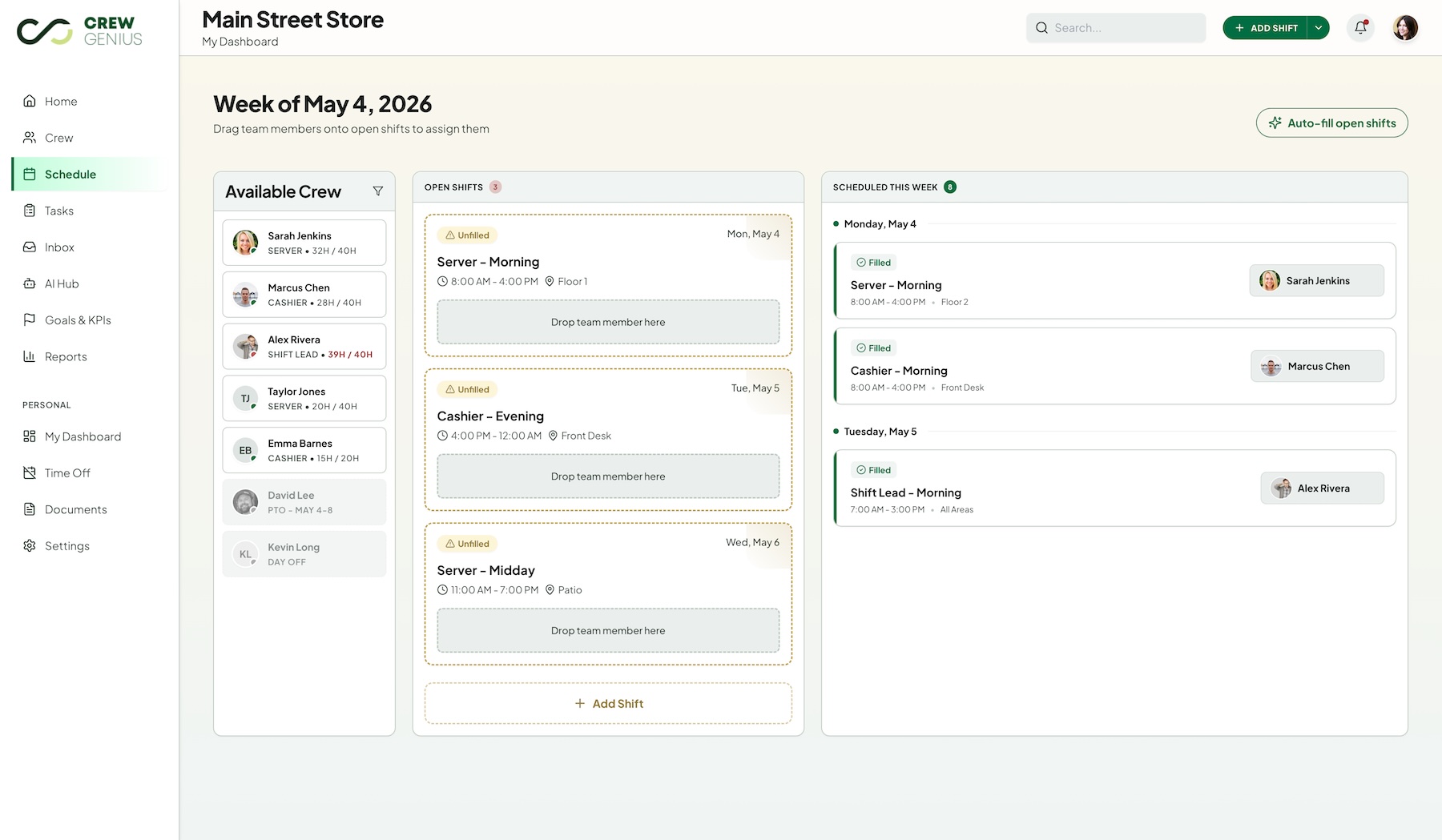 Schedule view showing weekly shift planning with coverage indicators