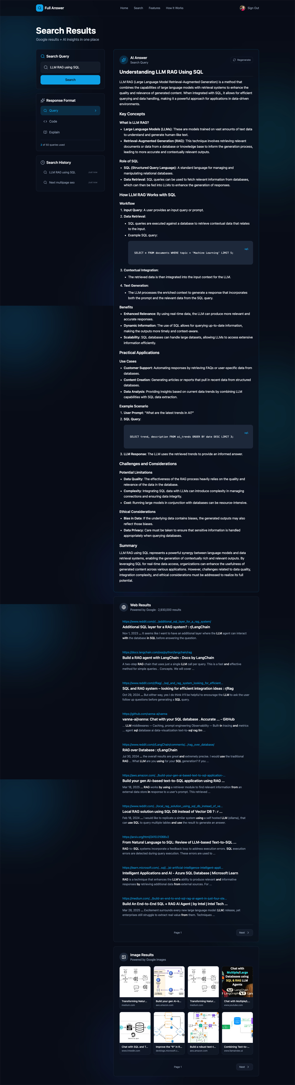 Full Answer deep AI response explaining LLM RAG using SQL with code examples