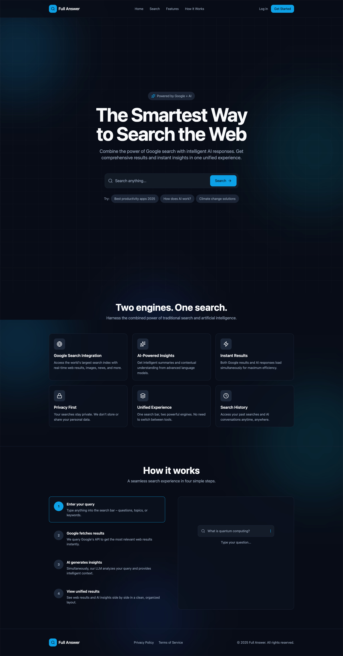Full Answer landing page showing search bar with example queries