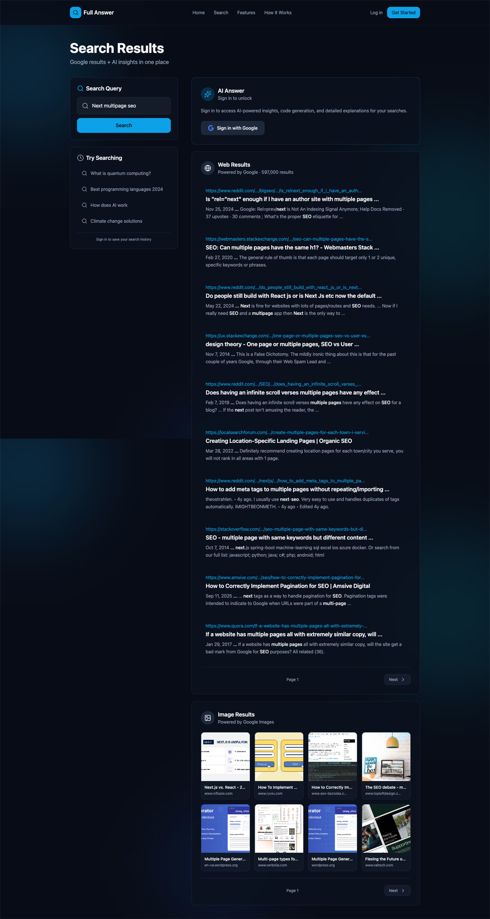 Full Answer search results showing Google results alongside an AI sign-in gate