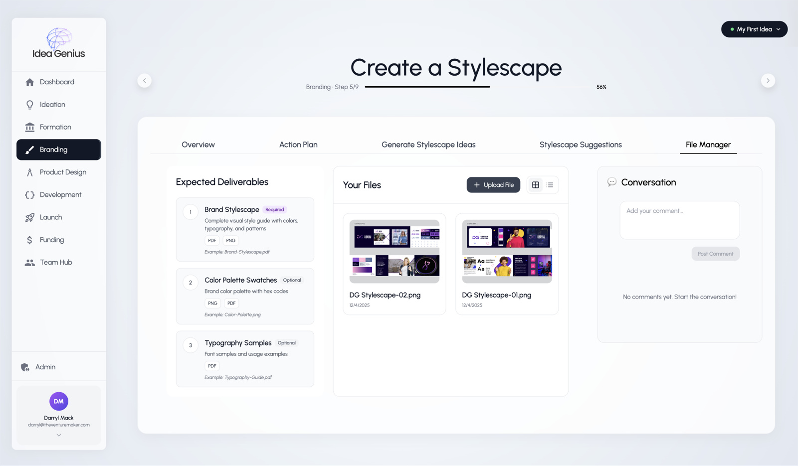 Branding step showing AI-generated stylescape suggestions, file manager with uploaded assets, and conversation panel