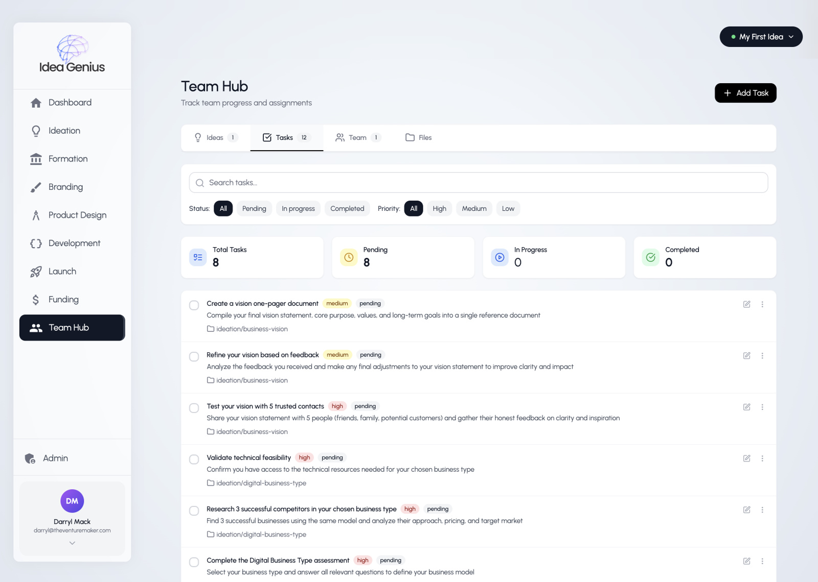 Team Hub showing task management with status filters, priority levels, and phase assignments