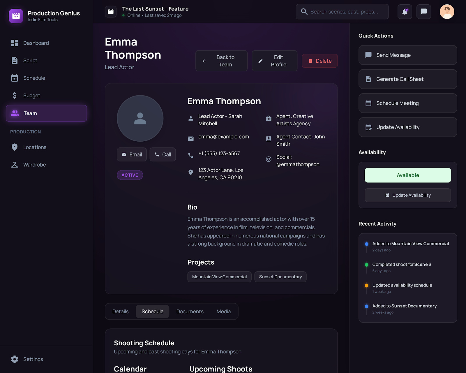 Cast member profile showing contact information, availability, projects, shooting schedule, and recent activity