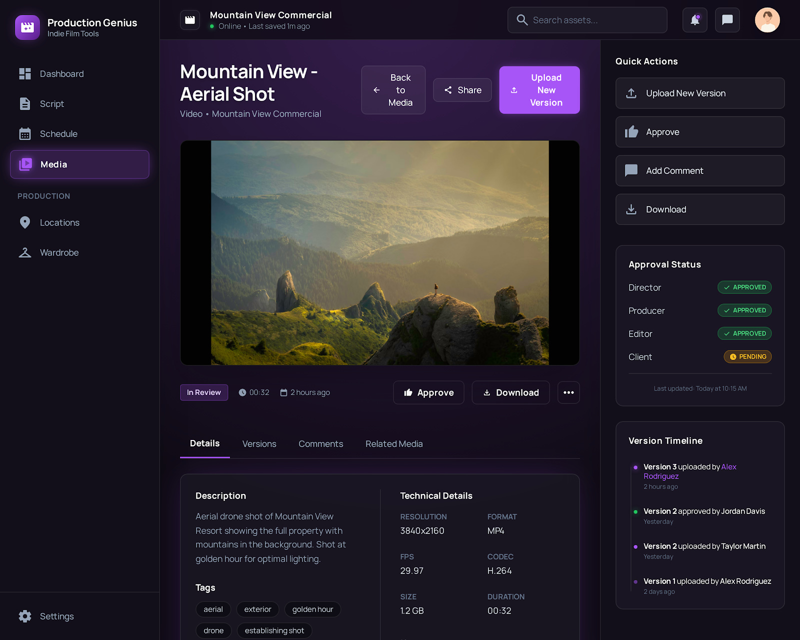 Media detail page showing video player, approval workflow, version timeline, and technical metadata