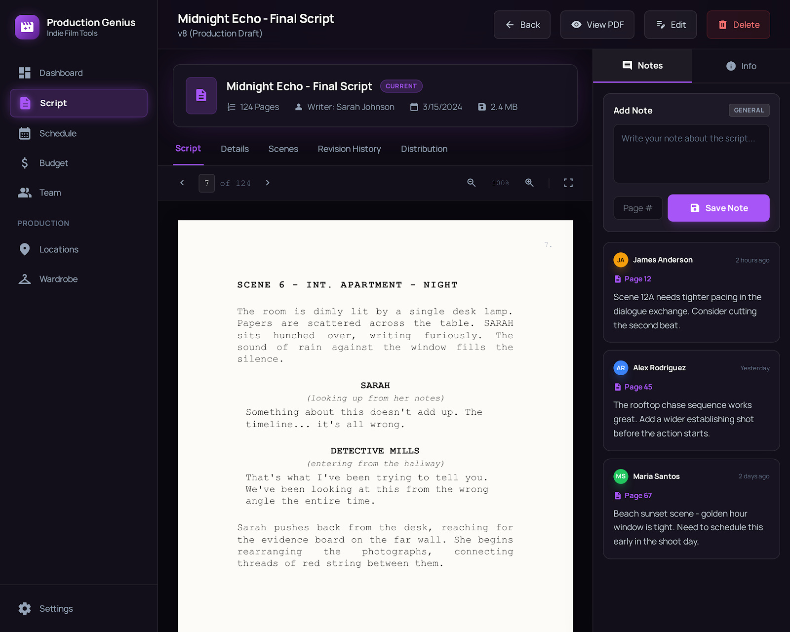 Script detail page showing formatted screenplay text with page-level notes and team comments