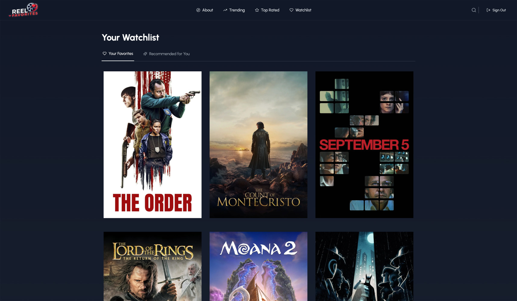 Reel Faves watchlist showing user favorites collection