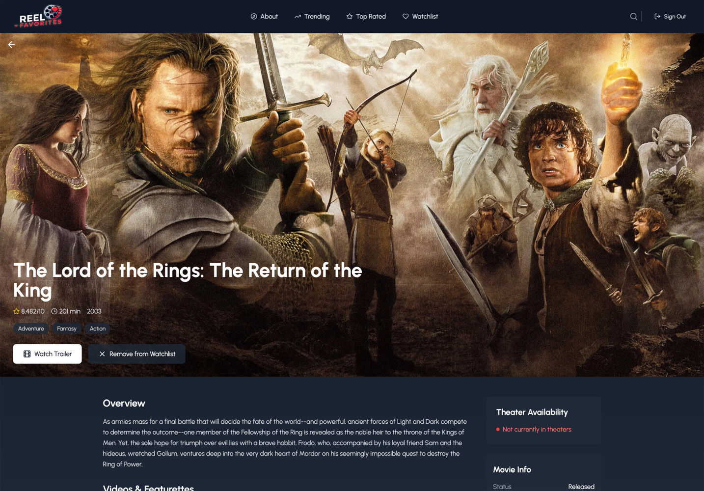 Lord of the Rings movie detail page showing TMDB metadata and YouTube trailers