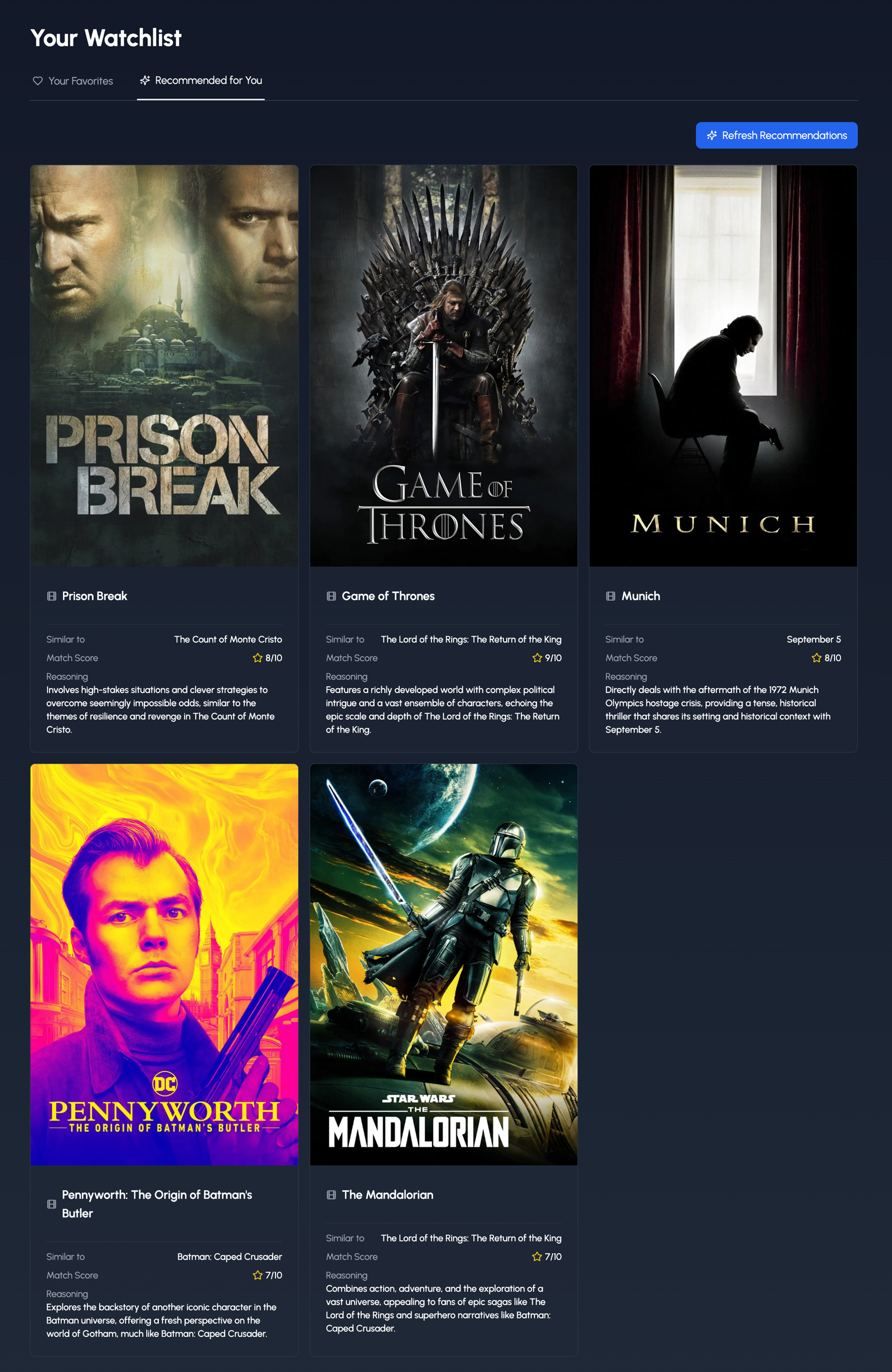 AI recommendations showing match scores and reasoning for each suggestion