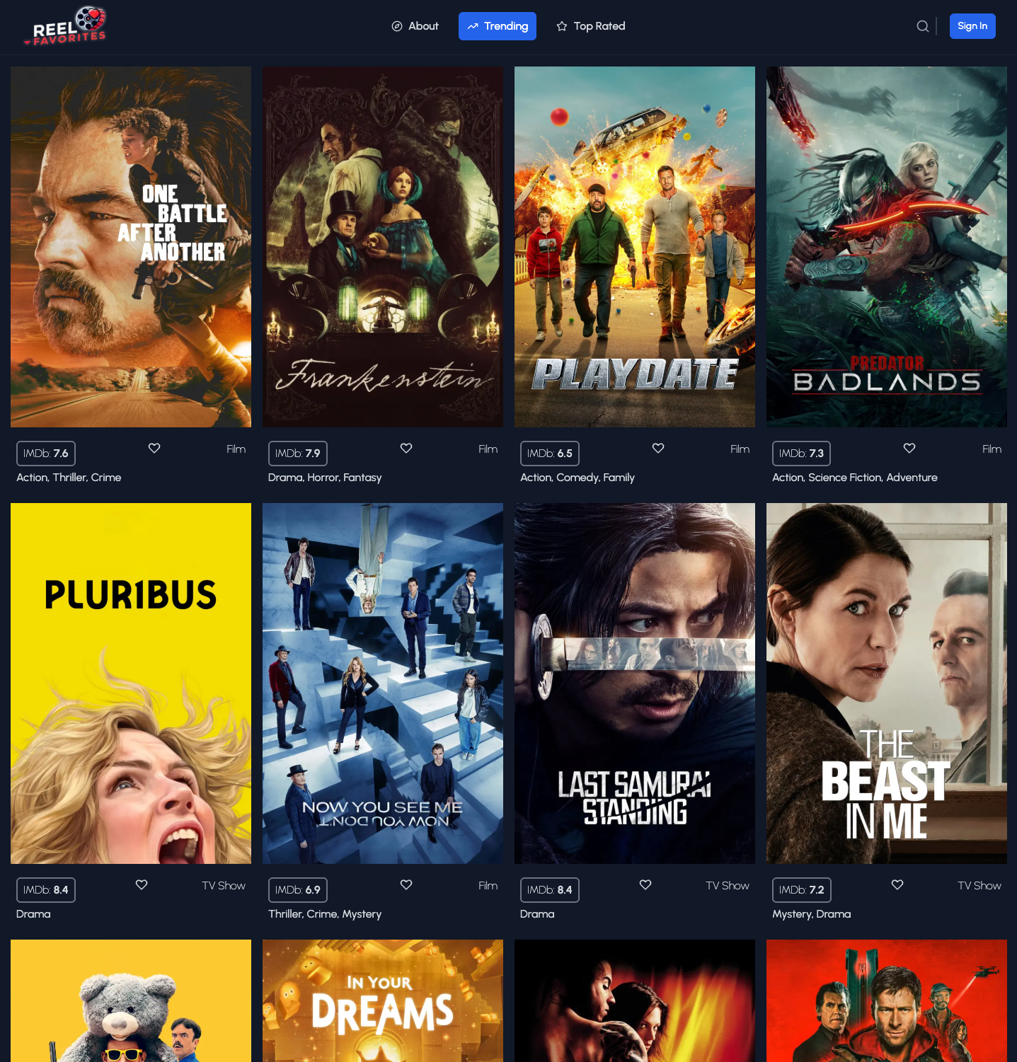 Reel Faves discovery grid with trending movies
